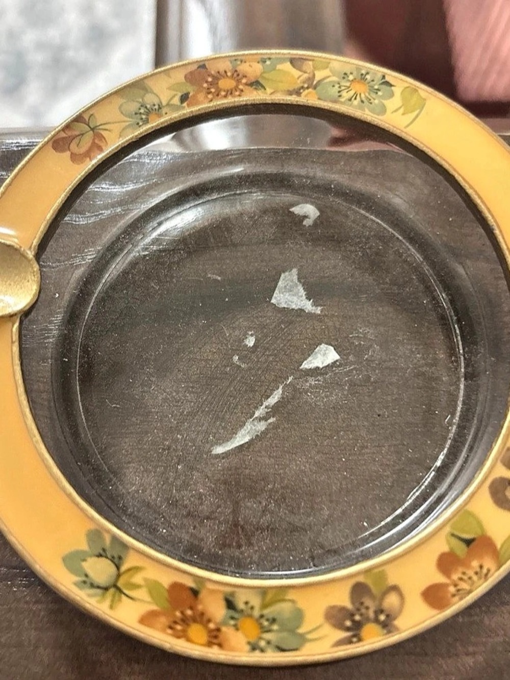 Vintage Buckler’s Ashtray Floral Gold Enamel Glass Mid Century MCM Yellow